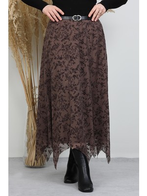 Kadife Işleme Tül Etek Kahverengi