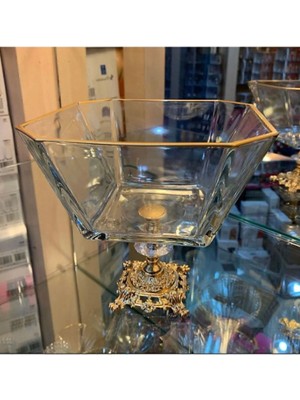 Elta Collection Metal Ayaklı Gold Detaylı Cam Büyük Boy Salata - Servis - Sunum Kasesi