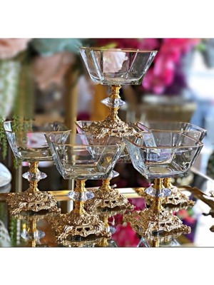 Elta Collection Metal Ayaklı Cam Tatlı Dondurma Çerezlik Kase Altın 6lı