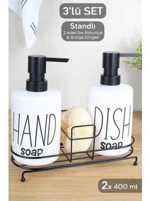 Meleni Home 2'li Metal Standlı Süngerli Sabunluk Seti - Mutfak Sıvı Sabun Bulaşık Deterjanı Şişesi 400ML - Beyaz