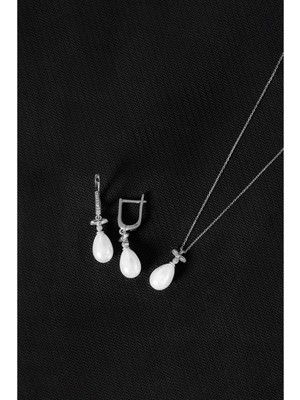 Else Silver 925 Ayar Gümüş Fiyonk Damla Inci Set