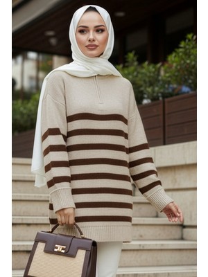 Neva Style Çizgili Bej Tesettür Triko Kazak 71821BEJ