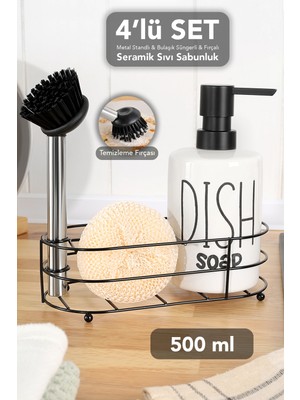 Meleni Home 500 ml Seramik Sıvı Sabunluk - Metal Standlı Süngerli ve Temizleme Fırçalı Bulaşık Deterjanlık Beyaz