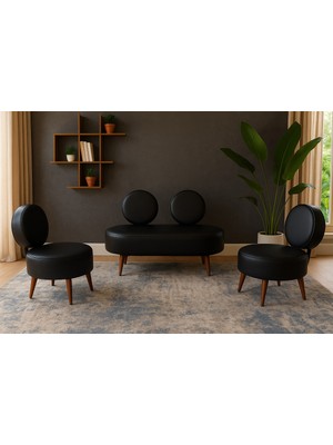 Azra Mobilya Dünya Modern Deri Koltuk Takımı | Şıklık ve Konforun Buluşması | Ofis & Ev | Ceviz Ayak | Siyah