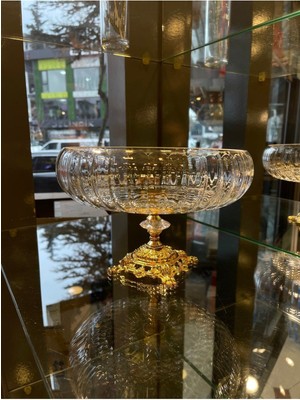 Elta Collection Lotus Kristal 24 cm Kesme Dekor Gold Ayak Salata Kasesi Cam Sunumluk- Servis Tabağı