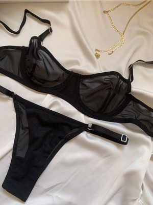 Rozenin Lingerie Siyah Balenli Kapsız Tül Sütyen Takım (Sütyen-Tanga) Yılbaşı Hediyesi Esnek Yapı