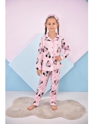 Pistyle Kız Çocuk Mickey Desenli Pembe Renkli Pijama Takımı(Uyku Bandı Dahil)