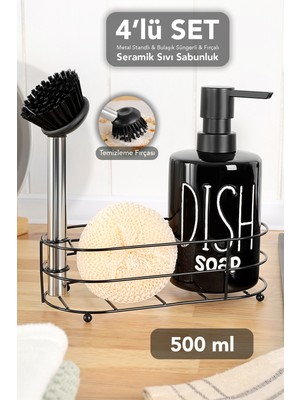 Meleni Home 500 ml Seramik Sıvı Sabunluk - Metal Standlı Süngerli ve Temizleme Fırçalı Bulaşık Deterjanlık Siyah