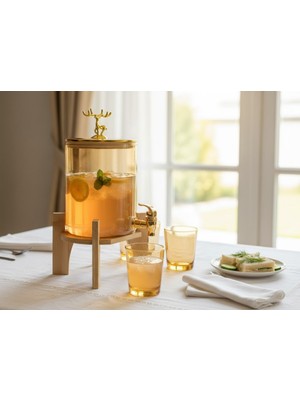 Elta Collection Gold Cam Şerbetlik Meşrubatlık – Musluklu ve Ahşap Standlı 3.6 Litre