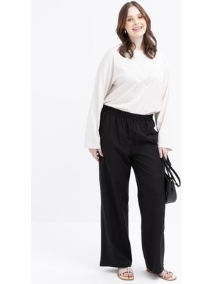 Allday Kadın Büyük Beden Beli Lastikli Geniş Paça Keten Pantolon
