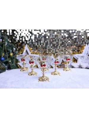 Elta Collection 6 Lı Kiraz Detaylı Gold Metal Ayaklı Cup Magnolia Dondurmalık Tatlı Sunumluk Kase Yılbaşı Özel