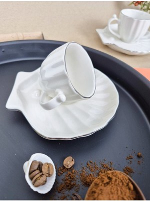 Elta Collection 2 Kişilik Porselen Türk Kahve Fincan Takımı–istiridye Desenli Tabak–gerçek Gümüş Yaldızlı