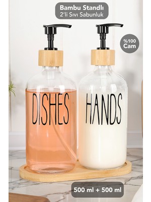 Meleni Home 2'li Cam Sıvı Sabunluk Seti - Bambu Standlı Bulaşık Deterjanlık Şeffaf Sıvı Sabun Şişesi 500+500ML