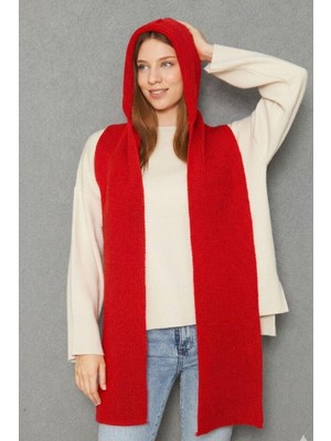 Irmak Kerekli Kadın Yumuşak Dokulu Kapşonlu Atkı Selanik Örgü Kapşonlu Şal 13038 Kırmızı