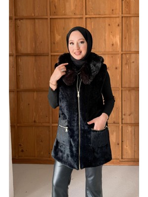 Molly Nelly Kadın Kürk Detaylı Fermuarlı Angora Yelek