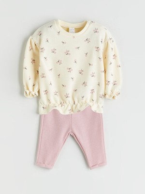 Lc Waikiki Yeni Sezon Bisiklet Yaka Çiçekli Kız Bebek Sweatshirt ve Tayt 2'li