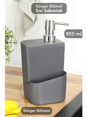 Meleni Home Süngerlik Bölmeli Sıvı Sabunluk - Tezgah Üstü Süngerlikli Sabunluk Mutfak Organizer 850ML Gri