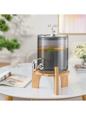 Elta Collection Gümüş Füme Cam Şerbetlik Meşrubatlık – Musluklu ve Ahşap Standlı 3.6 Litre
