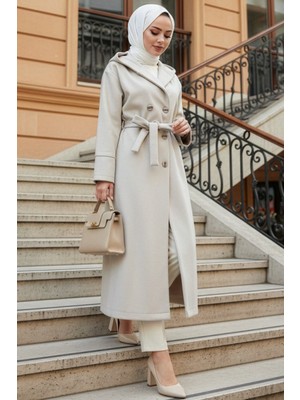 Kapşonlu Bej Tesettür Kaşe Kap 62341BEJ