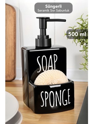 Meleni Home Seramik Süngerlikli Sıvı Sabunluk - 500 ml Süngerli Bulaşık Deterjanlık Sıvı Sabun Şişesi Siyah
