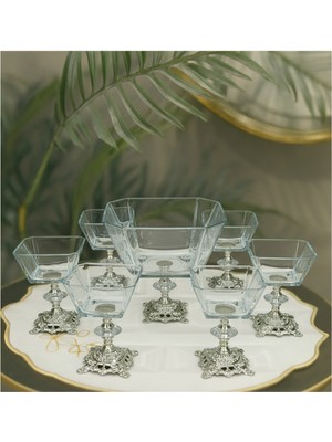 Elta Collection Karen 7 Parça Döküm Gümüş Ayaklı Sunumluk Seti Magnolia Dondurmalık Cup ve Salata Kase Seti