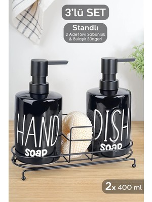 Meleni Home 2'li Metal Standlı Süngerli Sabunluk Seti - Mutfak Sıvı Sabun Bulaşık Deterjanı Şişesi 400ML - Siyah