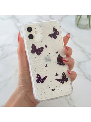 Fibaks Apple iPhone 11 Uyumlu Kılıf Simli Siyah Kelebek Desenli Renkli Parlak Darbe Emici Kapak