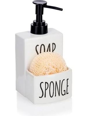 Modern Tasarım Sıvı Sabunluk ve Sünger Tutucu, Seramik Malzeme, Siyah ve Beyaz Renk Seçenekli, Sünger Dahil (Beyaz)
