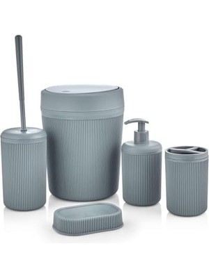 5 Parça Lüx Plastik Banyo Seti - Çöp Kovalı, Antibakteriyel Fırça, Normal ve Sıvı Sabunluk, Diş Fırçalıklı - Antresit