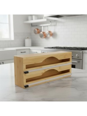 Bambu Streç Film ve Folyo Düzenleyici, Kaydırılabilir Kesicili, 2'si 1 Arada Mutfak Çekmece Içi ve Tezgah Üstü Organizer, Alüminyum Folyo ve Yağlı Kağıt Kesici Saklama Kutusu (35,5 Cm)