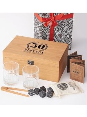 30 Yaş Tasarımlı Ahşap Kutulu 2'li Glasgow Viski Kadeh Seti + 6 Soğutucu Taş