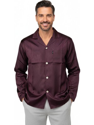 Oppland Erkek Klasik Model Saten Gecelik Gömlek Premium Ipeksi Saten Kumaş Desenli Cepli Tam Kalıp