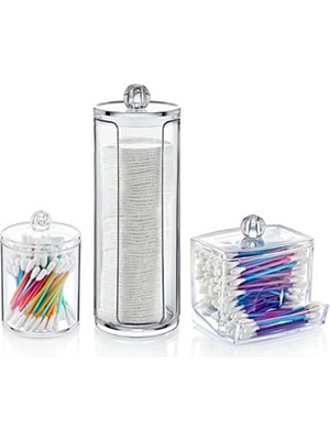 Makyaj Pamuğu ve Kulak Çubuğu Organizeri - Saydam Üçlü Makyaj Organizeri, Düzenleyici, Makyaj Malzemesi Depolama Kutusu