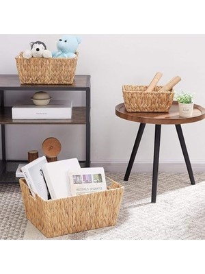El Yapımı Hasır Dikdörtgen Dekoratif Sepet, Hasır Dikdörtgen Dekoratif Tepsi 3 Model Seçenekli (30 * 22 * 12CM) (Küçük)
