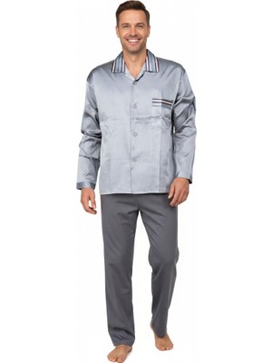 Oppland Erkek Klasik Model Saten Gecelik Gömlek Premium Ipeksi Saten Kumaş Desenli Cepli Tam Kalıp