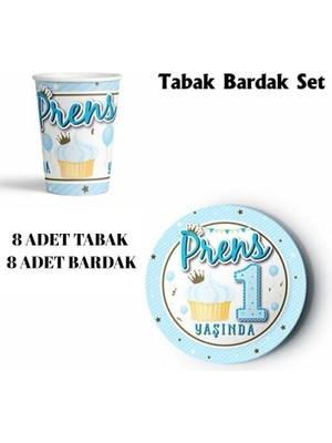 Prens 1 Yaşında Parti Sofra Takımı, 8 Kişilik, Mavi-Altın Renk, 8 Tabak ve 8 Bardak