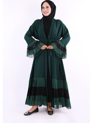 Bym Fashion Kol ve Etek Ucu İki Renkli Bel Kuşaklı Piliseli Abaya 7454 Zümrüt