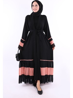 Bym Fashion Kol ve Etek Ucu İki Renkli Bel Kuşaklı Piliseli Abaya 7454 Siyah-Pudra