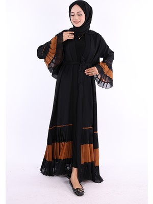 Bym Fashion Kol ve Etek Ucu İki Renkli Bel Kuşaklı Piliseli Abaya 7454 Siyah-Taba
