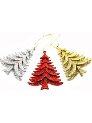 Yılbaşı Ağacı Için Asılabilir Çam Figürlü Simli Süsler – 3’lü Parlak Dekor Seti
