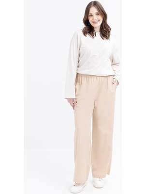 Allday Kadın Büyük Beden Beli Lastikli Geniş Paça Keten Pantolon