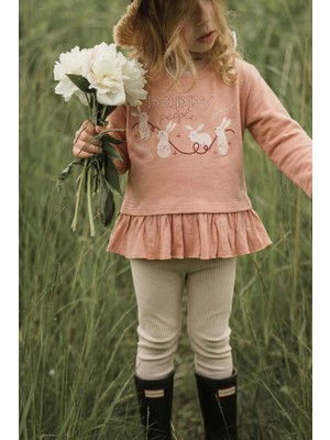 Tavşan Baskılı Eteği Fırfırlı Taytlı Takım 1-6 Yaş Yavruağzı