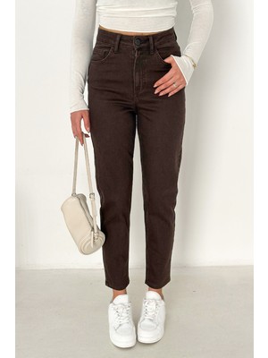 Hlt Jeans Kahverengi Kadın Likralı Mom Jean Yüksek Bel Esnek Kot Pantolon ANNA-2074