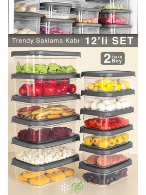 Meleni Home 12'li Dikdörtgen Erzak Saklama Kabı - Mikrodalga ve Difrize Uygun Düzenleyici Organizer Gri