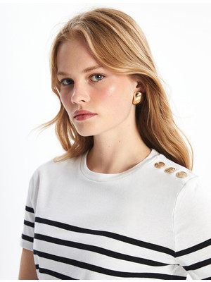 Lc Waikiki Yeni Sezon Bisiklet Yaka Çizgili Kısa Kollu Kadın Tişört