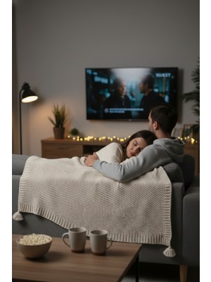 Miespiga Coco Pirinç Örgü Ponponlu Triko Throw Tv Battaniyesi