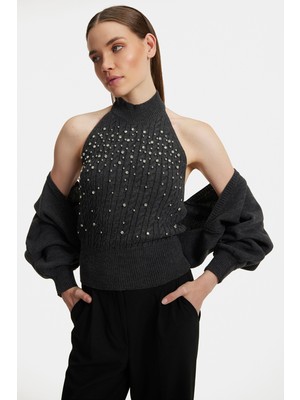 Shemall Luxury Kadın Triko Halter Yaka Bluz-Hırka 2'li Takım