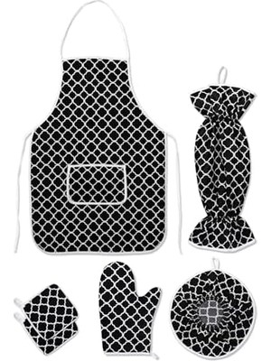 6 Parça Mutfak Seti & Mutfak Önlüğü, Fırın Eldiveni, 2li Tutacak, Organizer Poşetlik, Demlematik Siyah