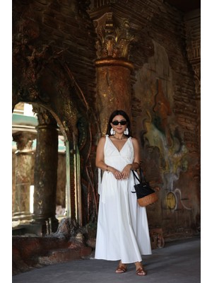 Omuzları Bağlamalı Poplin Midi Elbise