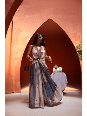 Pencere Detaylı Desenli Şifon Elbise